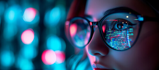 Poster - Girl works on internet. Reflection at the glasses from laptop..Close up of woman's eyes with black female glasses for working at a computer. Eye protection from blue light and rays.