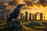 Fototapeta  - Crow perched at sunset near circle of ancient menhir standing stones, Ireland, Celtic, the Morrigan myth legend