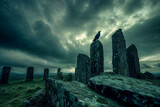 Fototapeta  - Crow perched atop ancient menhir standing stone, Ireland, dark overcast spooky sky, Celtic, the Morrigan myth legend