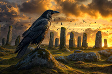 Crow Perched At Sunset Near Circle Of Ancient Menhir Standing Stones, Ireland, Celtic, The Morrigan Myth Legend