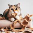 cat chewed and destroyed the sofa and sits on it, a portrait of a harmful cat on white background. ai generative