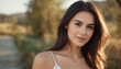 © Artur - Young Brunette in White Bra: Soft Smile, Long Straight Hair, Roadside Portrait