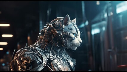 Wall Mural - Anthropomorphic fantasy cat in cyborg armor. Fantastic android kitten in cyberpunk style. Technology and future concept.