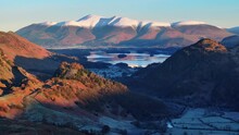 Aerial Footage Of Derwentwater, Borrowdale Valley And The Skiddaw Mountain Range, Keswick, Lake District National Park, Cumbria, England, United Kingdom