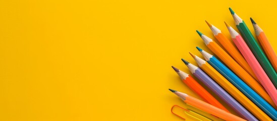 Sticker - Pencils and notepads arranged on desk with yellow backdrop.