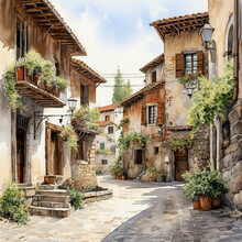 A Street In The Old Mediterranean Town. Watercolor Illustration.