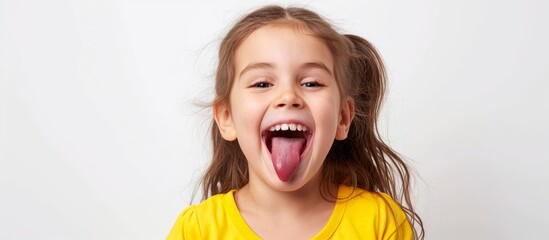 Canvas Print - Happy young girl sticking out her tongue, wearing a yellow shirt, in a white background portrait.