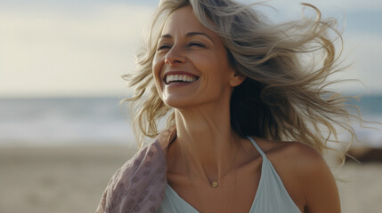 Wall Mural - portrait of a happy smiling mature woman with loose hair in the wind on the beach