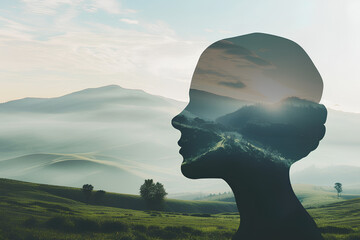 The image depicts the silhouette of a woman's head in profile against a backdrop of a sunset sky The illustration emphasizes the person's hair and facial features, creating a visually striking