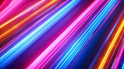 Wall Mural - Horizontal blue neon stripes in vibrant colors, resembling fast-moving light tubes, create an energetic background with a sense of dynamic motion.