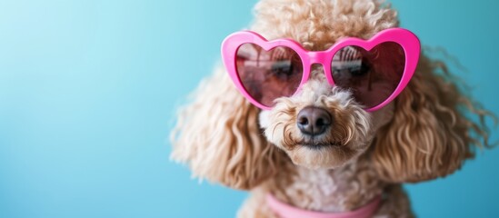 Wall Mural - Poodle dog in pink heart-shaped sunglasses.
