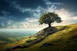 A solitary tree thrives on a hill, symbolizing strength, triumph over obstacles, and motivation. Generative AI