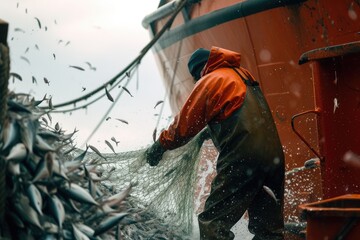 Fisherman emptying net full of fish into hold on trawler. 