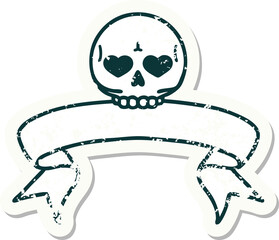 grunge sticker with banner of a skull