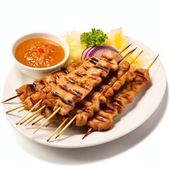 Wall Mural - a pork satay with peanut sauce or sweet and sour sauce, thai food, studio light , isolated on white background