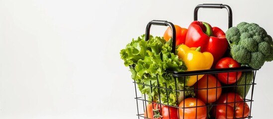 Wall Mural - A filled supermarket shopping basket of fresh vegetables on a white backdrop with space for text.