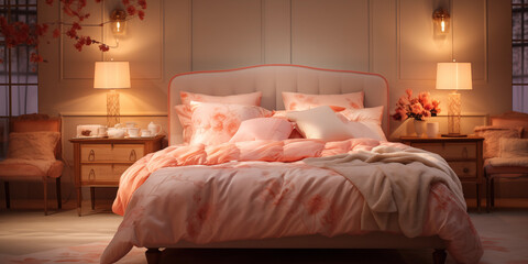 Peach fuzz bedroom design with peach shades. stylish bedroom with a bed and two side lamps, trendy color of the year 2024, peach fuzz interior design