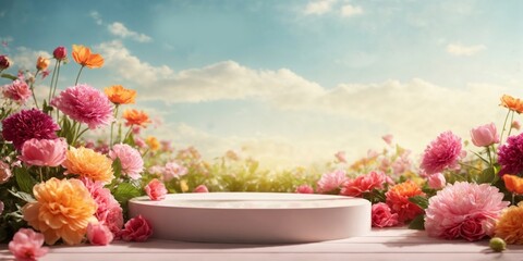 Product podium for product presentation and display with garden summer and spring flowers, floral summer background podium for cosmetic, with nature in the background. Generating AI