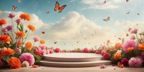 Wall Mural - Product podium for product presentation and display with garden summer and spring flowers, floral summer background podium for cosmetic, with nature in the background. Generating AI