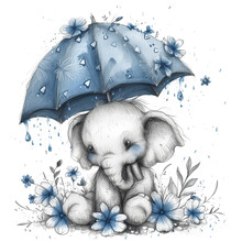  Illustration Of A Cute Baby Elephant Sitting On Blue Flowers And Holding An Umbrella In His Trunk.