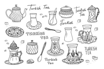 Wall Mural - Big set of hand drawn Turkish tea theme elements in doodle style. Turkish tea cups, spoons, saucers, teapots and sugar bowl in doodle style. Tulip shaped glasses. Turkish tea. Armuds. Hand drawn. 