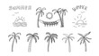 Big set of different palm trees, suns and hammock in doodle style. Summer time. Travel design. Adventure. Paradise. Hand drawn. Great for prints, poster, banner and professional design