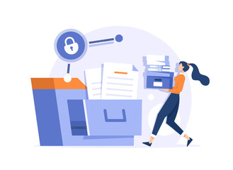 Poster - office worker holding giant folder for storing papers. modern concept of file management system, onl