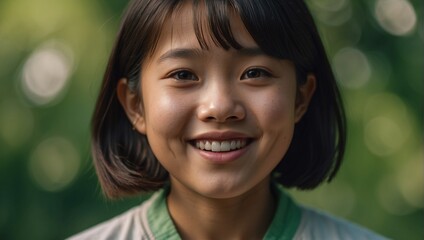 Close-up portrait of a happy asian girl on a green background. A positive emotion, smile.