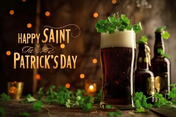 Happy Saint Patrick's Day beer glass in a pub background banner Generative AI