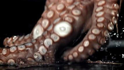 Poster - A fresh octopus falls on the table. On a black background. Filmed on a high-speed camera at 1000 fps. High quality FullHD footage