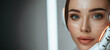 © Nataliia_Trushchenko - Female and robot face closeup on white blurred digital background. Artificial intelligence in virtual reality. Robot head conceptual design closeup portrait beauty Industrial technology concept.