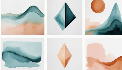 Abstract watercolor art shapes collection. Natural color drawing bundle for fashion design concept. Modern hand drawn paint doodle, organic geometric shape decoration set.