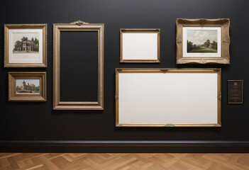 A vintage art fair gallery frame on a royal black wall during a museum or auction house display. A blank template with white copyspace for a mockup design. 