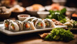 Sushi. Sushi set on a platter. Japanese food. Selective focus. AI generated