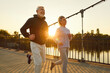 © Studio Romantic - Sporty senior smiling couple in sportswear jogging along a bridge in park having sport workout at sunset. Elderly man and woman running outdoors. Jog workout in nature for retired people concept.