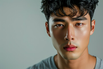 Intense Gaze: A young man with dark, curly hair and piercing brown eyes stares directly into the camera, his expression a blend of intensity and vulnerability. The neutral background emphasizes his st