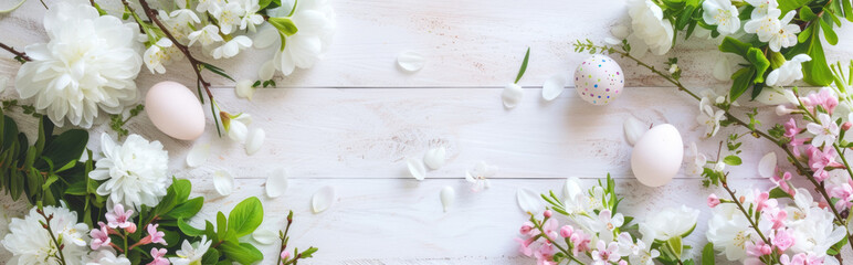 Wall Mural - Banner with Easter eggs and spring flowers on a white wooden background