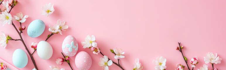 Wall Mural - Banner with Easter eggs and spring flowers on a pink background.