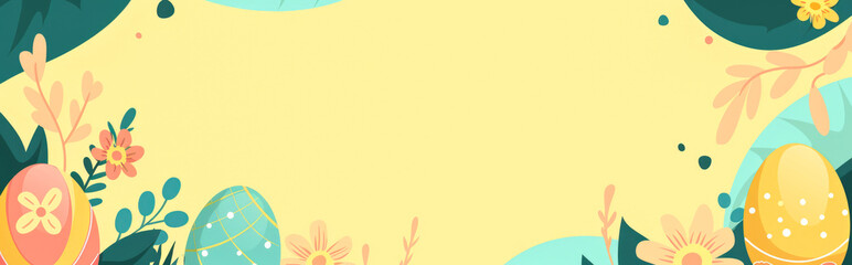 Wall Mural - Easter banner with flowers and eggs. Vector illustration in flat style