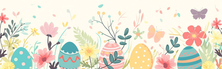 Wall Mural - Easter background with eggs, flowers and butterflies. 