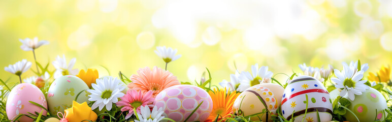 Wall Mural - Easter eggs and flowers on green grass with bokeh background