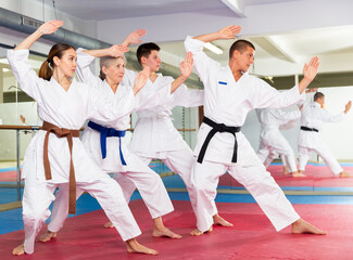 Wall Mural - Group of focused people wearing white kimonos standing in attacking stance, practicing movements of close combat punches in training room during martial arts workout..