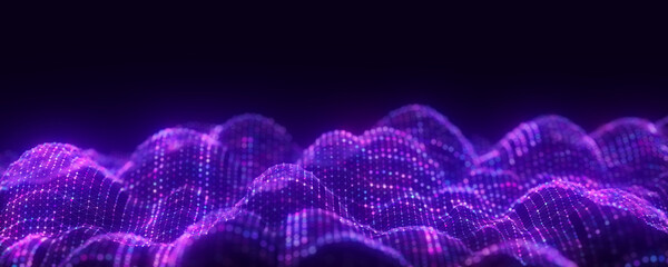 Poster - Dynamic blue wave of particles and lines. Abstract futuristic background. Big data visualization. 3D rendering.