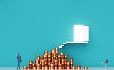 Wall Mural - Businessman stay next to coin stacks and trying to get to the open door. Business environment concept with stairs representing career, advisory, growth, success, solution and achievement.