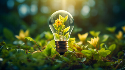 idea of eco renewable energy and energy saving. energy saving light bulb and tree growing on the gro