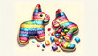 Sugar cookies shaped donkey pinatas, one broken open to reveal candies. Cinco de Mayo.Fiesta banner and poster design.
