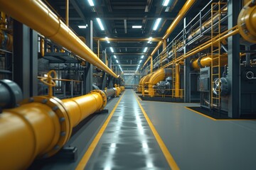 a line of pipes and machines in a modern industrial building