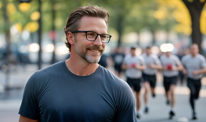 Portrait of a caucasian sporty male outdoor, confident smile. Blurred park and people in background. Lifestyle concept