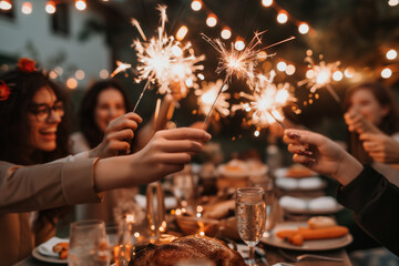 friends are having a dinner outside and are throwing sparklers in the air