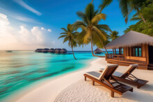 Amazing Tropical Resort With Hut Over Blue Water.Travel Or Vacation Concept.Generative AI